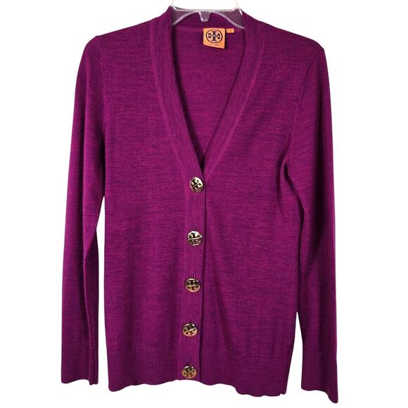 Tory Burch Simone Merino Wool Cardigan M Magenta Gold Logo Button Luxury Preppy - Picture 1 of 11